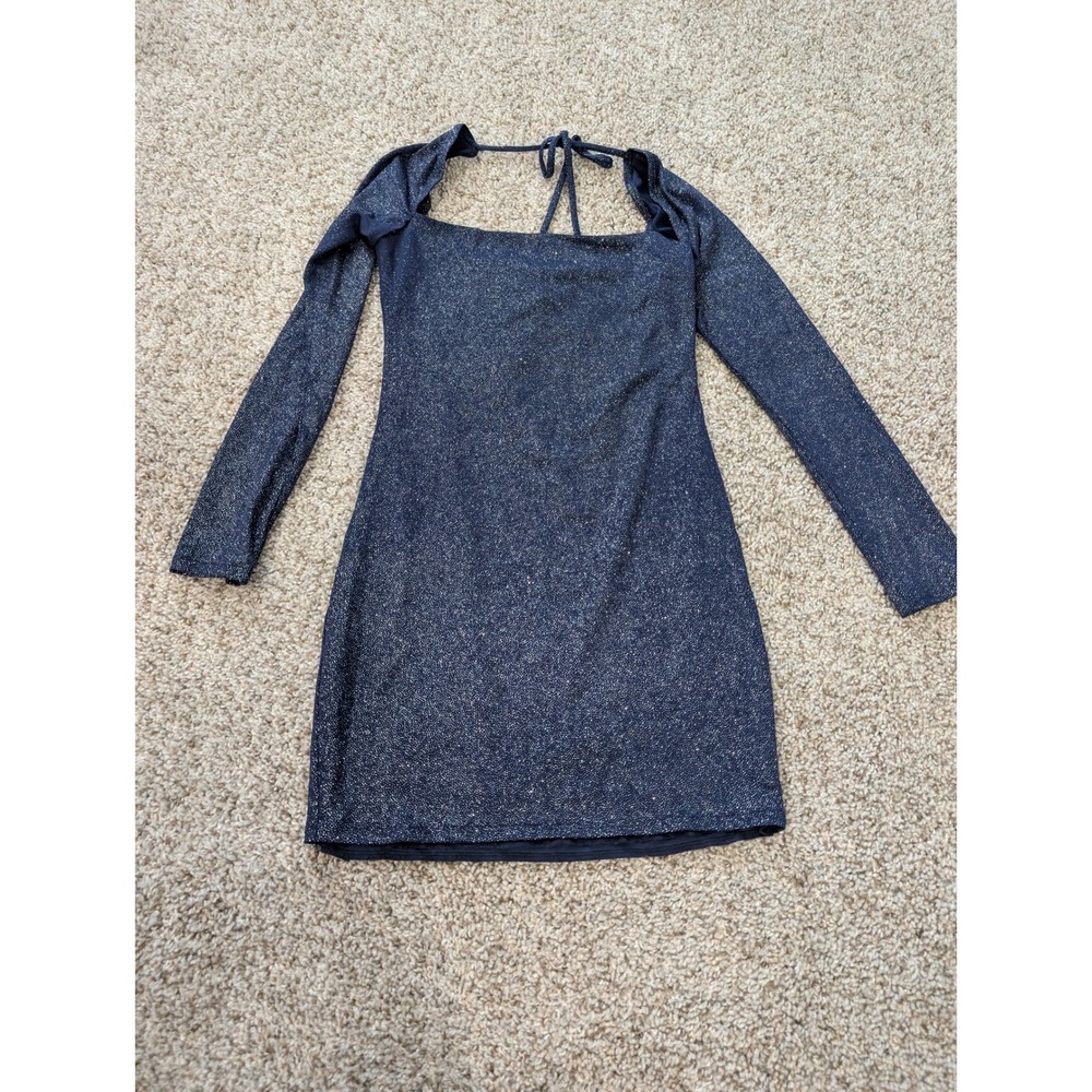 Lucy in the Sky Navy Blue Glitter Long Sleeve Open Back Mini Dress Medium